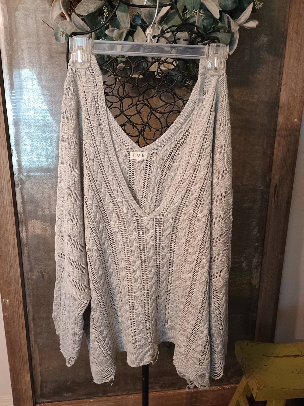 POL Gray Open-Knit V-Neck Sweater